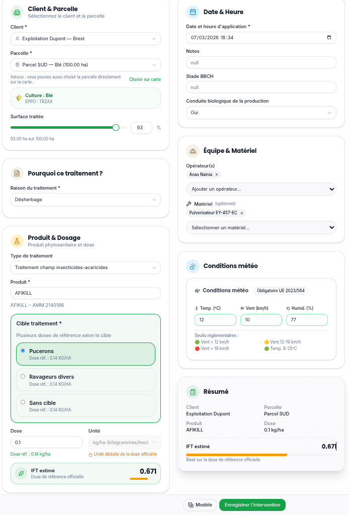 Interface Phyto-Sync — formulaire de saisie d'intervention phytosanitaire (client, parcelle, date, produit, dose, conditions météo, IFT).