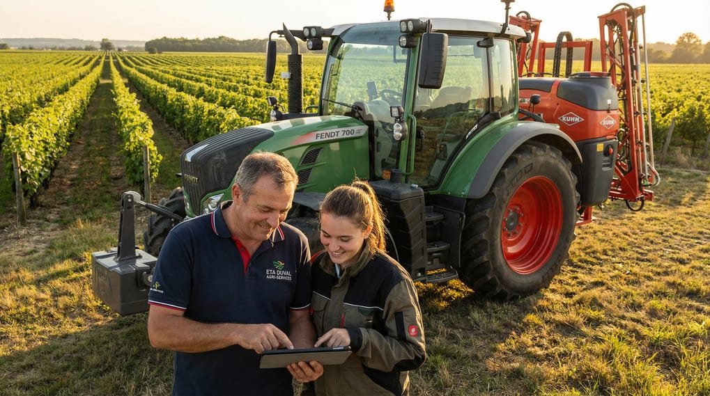 Responsable ETA et technicien consultant une tablette devant un pulvérisateur