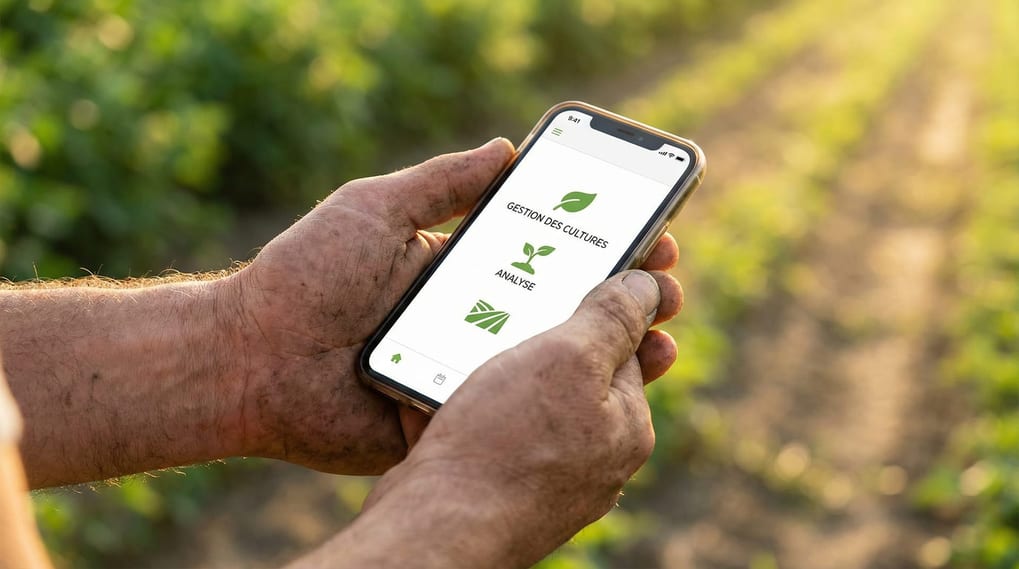Agriculteur saisissant un traitement sur smartphone dans les cultures